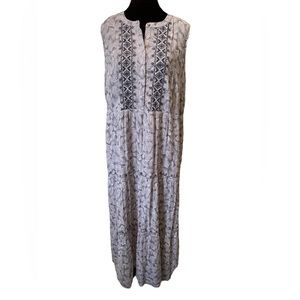 J. Jill Steele Blue Boho Tropical Leaf Embroidered Button Up Tiered Maxi Dress